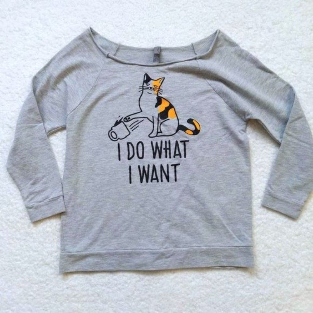 Next Level Cat Graphic Shirt Slouchy Gray "I Do What I Want" Cozy Medium